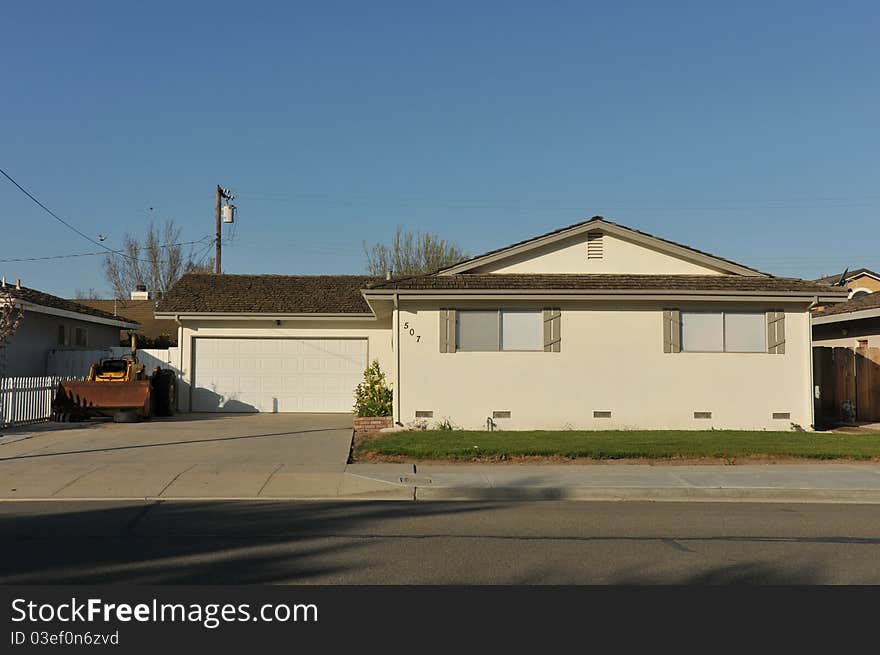 House surrounded by trees and grass with blue sky.