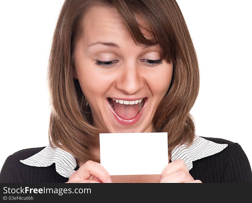 Portrait of a beautiful young woman with blank business card on white background. Portrait of a beautiful young woman with blank business card on white background