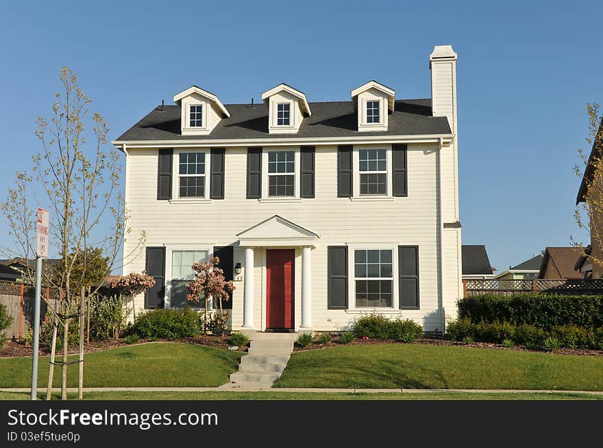 House surrounded by trees and grass with blue sky.