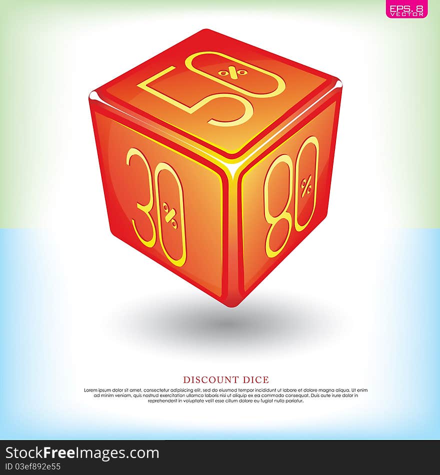 A red dice with yellow discounts. Lucky discount game!. A red dice with yellow discounts. Lucky discount game!