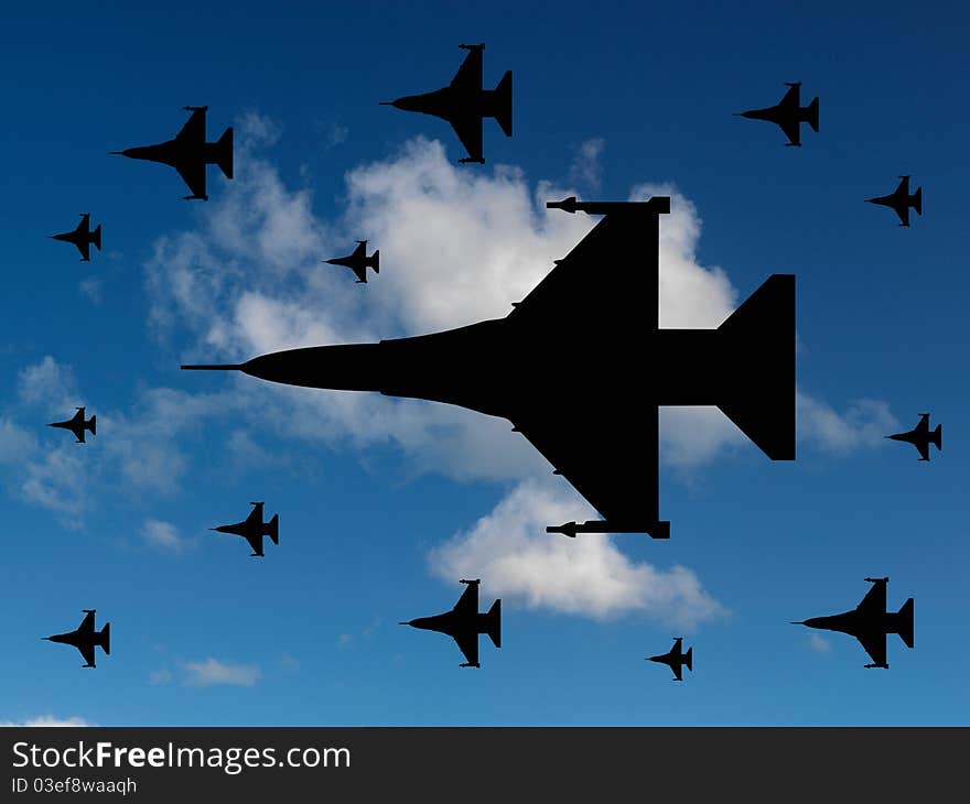 Aircraft silhouetted in a blue sky