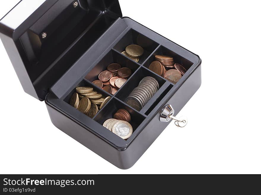 Small safe with coins and euro cents on isolated white background. Small safe with coins and euro cents on isolated white background