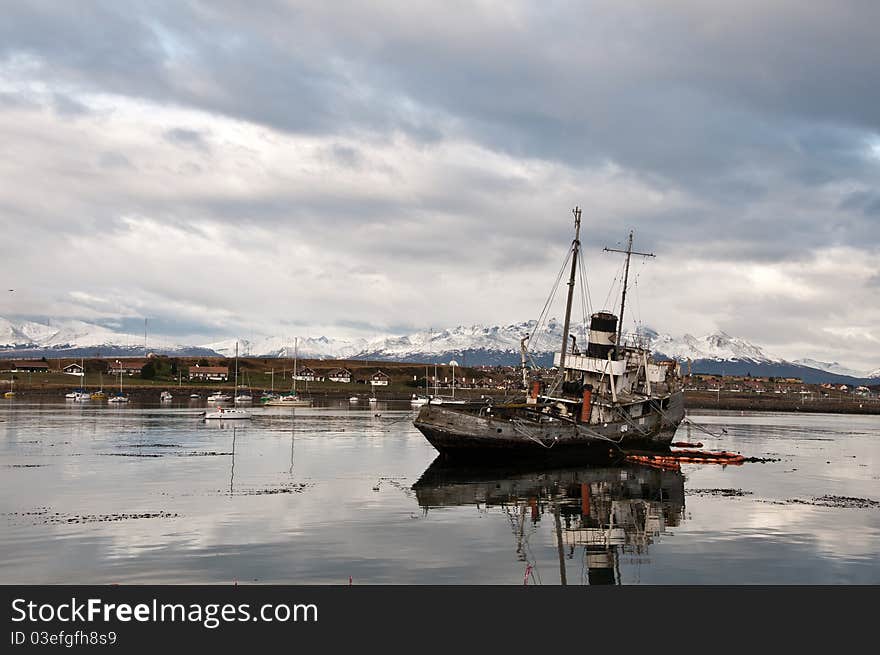 An abandoned ship in the bay of Ushuaia