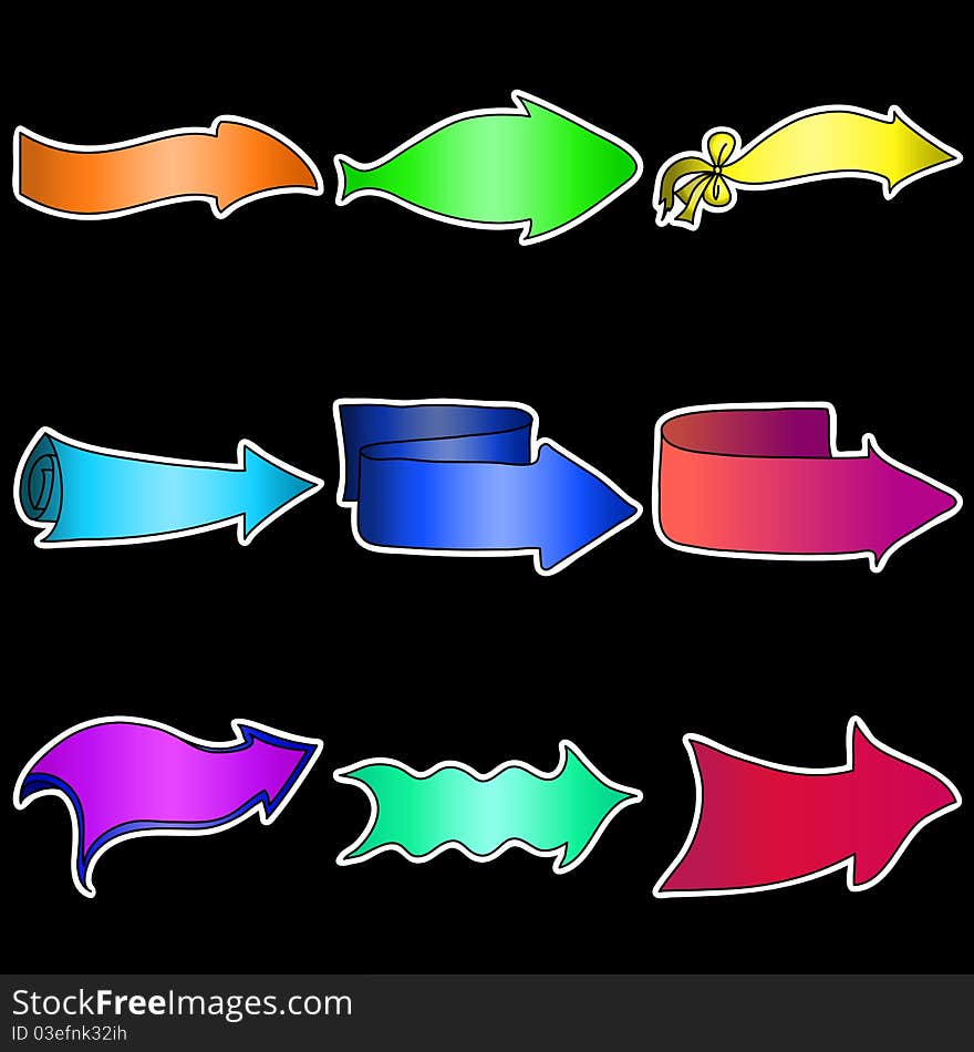 Set of different colourful arrows on a black background. Set of different colourful arrows on a black background