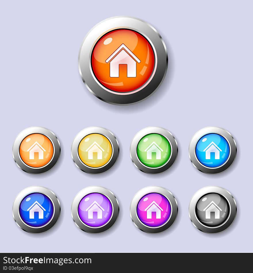 A set of glossy metal trimmed colorful round buttons Home. A set of glossy metal trimmed colorful round buttons Home