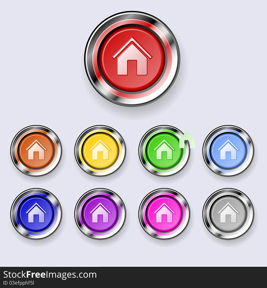 A set of glossy metal trimmed colorful round buttons Home. A set of glossy metal trimmed colorful round buttons Home