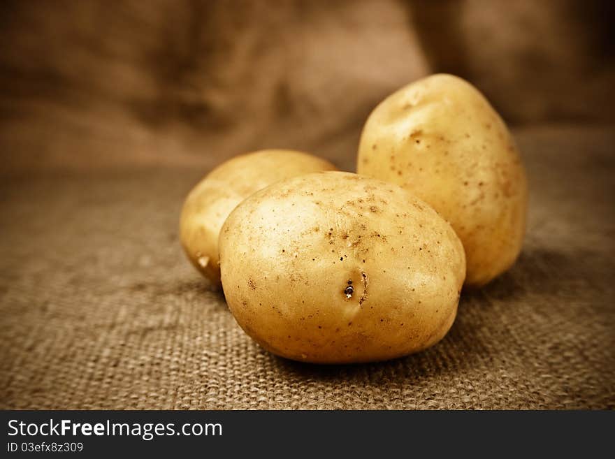 Fresh potatoes on the sacking background