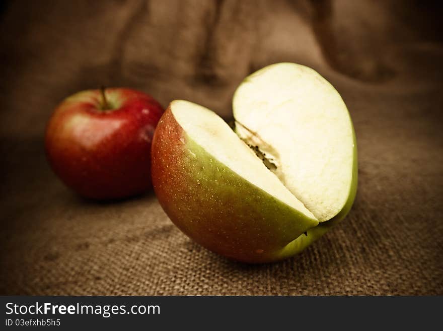 Fresh apples on on the sack background