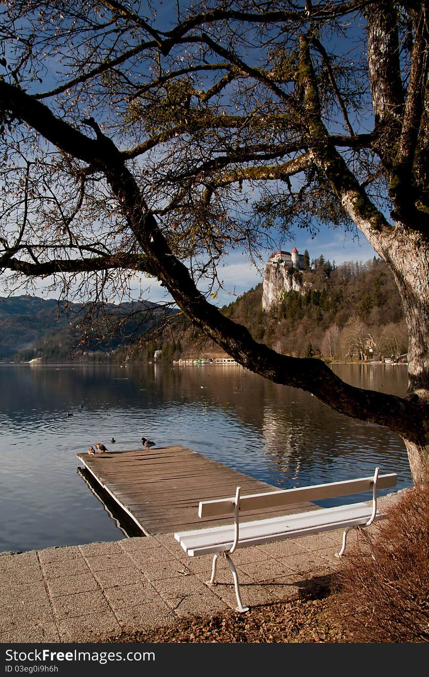 Banch at the Bled lake and castle in background