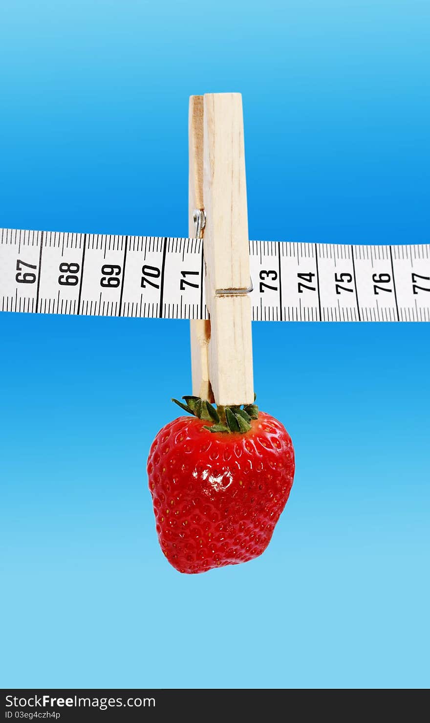 One strawberry hanging on the measuring tape with clothespin isolated on a blue surface. One strawberry hanging on the measuring tape with clothespin isolated on a blue surface.