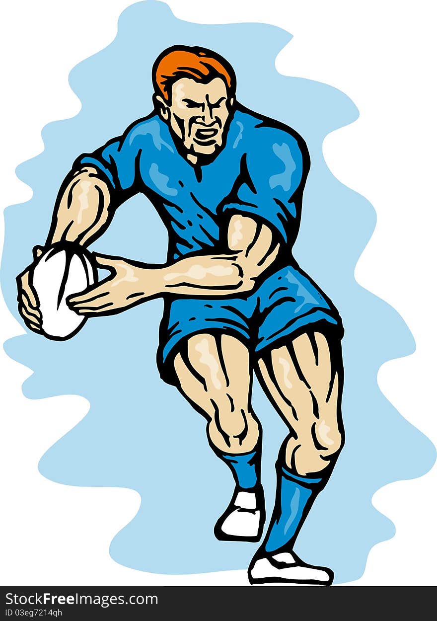 Illustration of a rugby player running passing the ball on isolated background