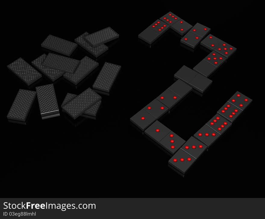 Black dominoes with red points on blacl table