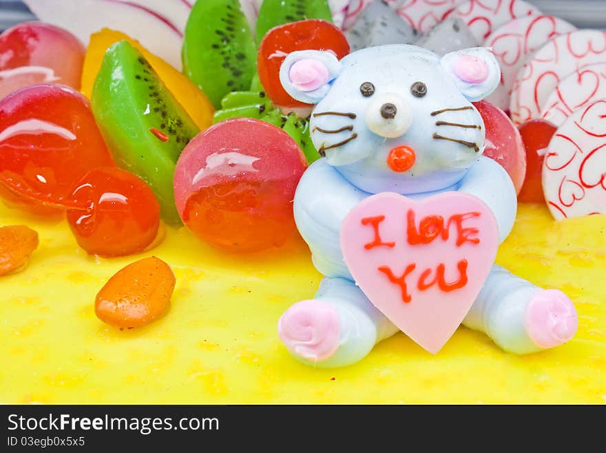 Cake With Fruits And Little Bear Decoration