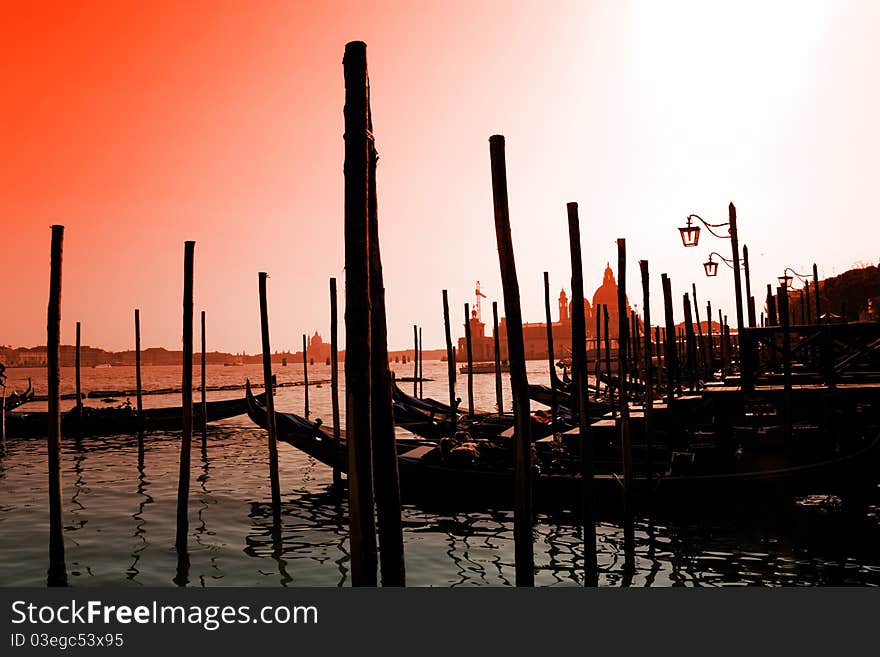 Romantic gondolas in the lagoon of venice