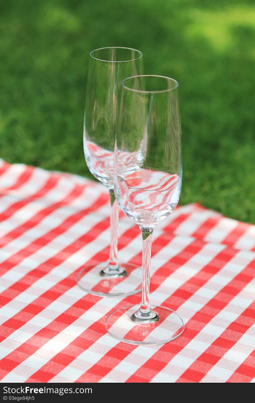 Two empty glasses on the checkered cloth in the garden. Two empty glasses on the checkered cloth in the garden