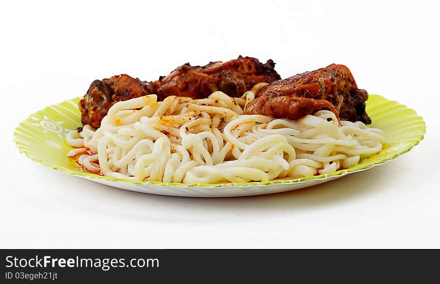 The Roast chicken with noodles