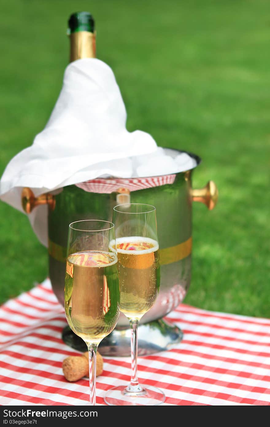 Champagne being poured at a summer picnic. Champagne being poured at a summer picnic