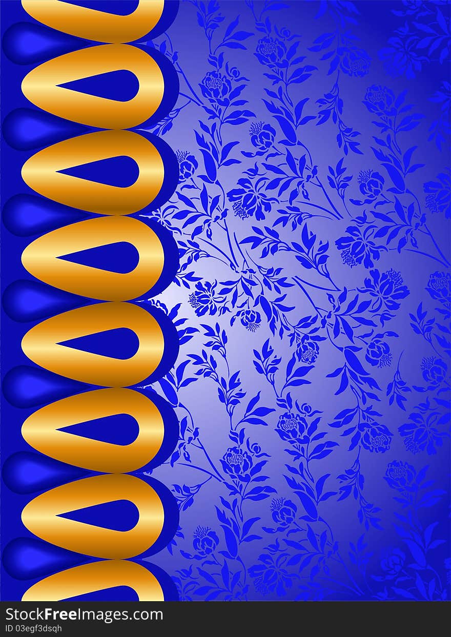 Blue floral background with gold decoration on the left. Blue floral background with gold decoration on the left