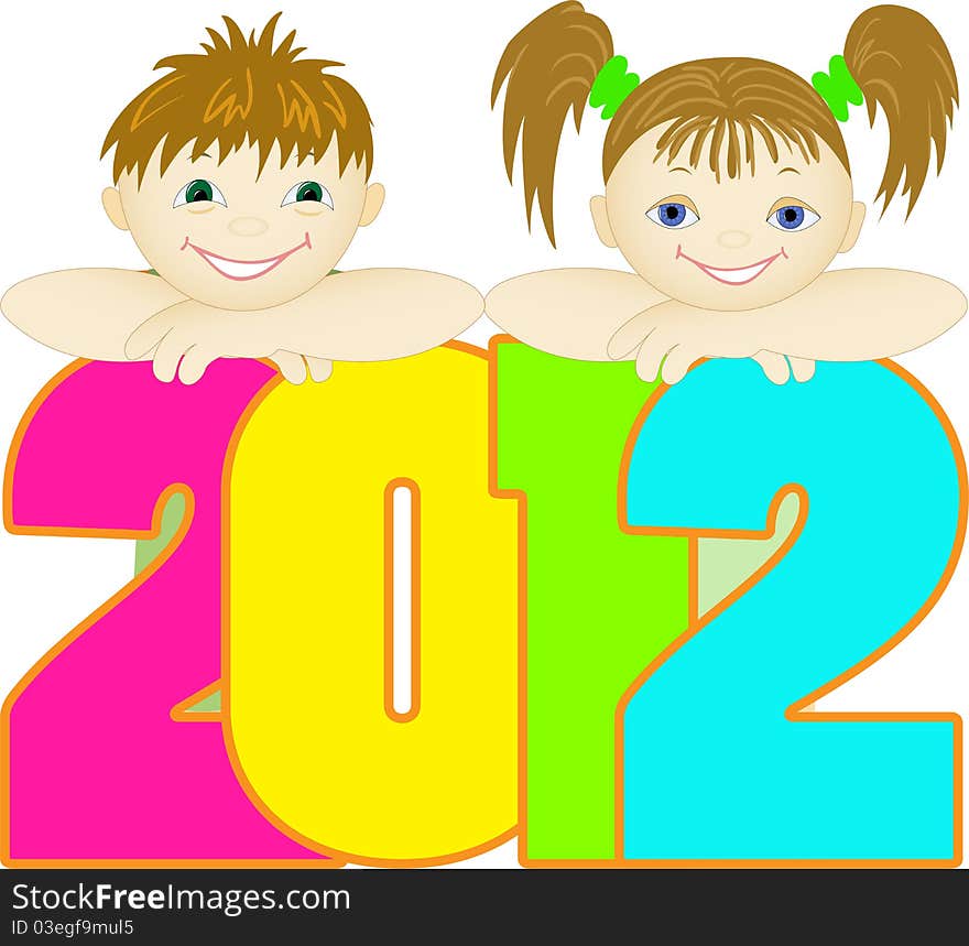 Boy and girl look out the large numbers 2012. Boy and girl look out the large numbers 2012