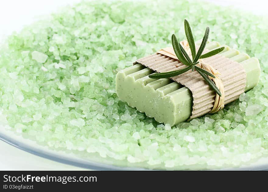 Bar of natural soap, herbs and bath salt. Bar of natural soap, herbs and bath salt