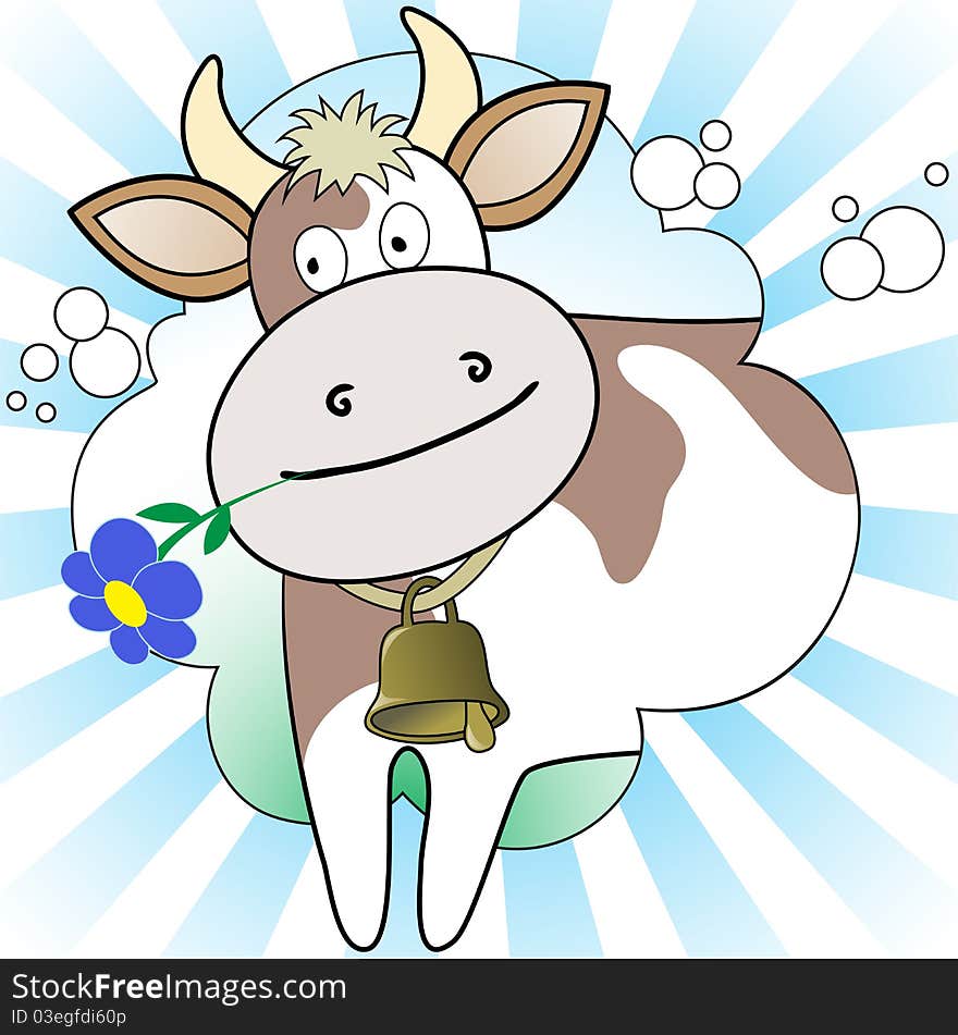 Cow with a flower in radiant white and blue background. Cow with a flower in radiant white and blue background