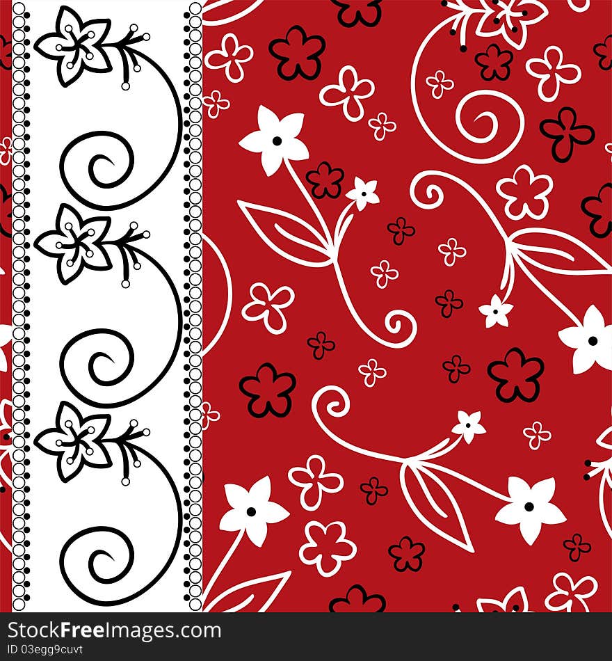 Red background with white and black flowers and a vertical stripe. Red background with white and black flowers and a vertical stripe