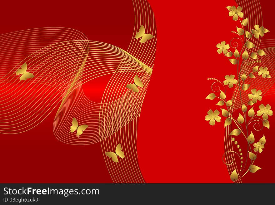 Golden flowers and butterflies on the red background. Golden flowers and butterflies on the red background.