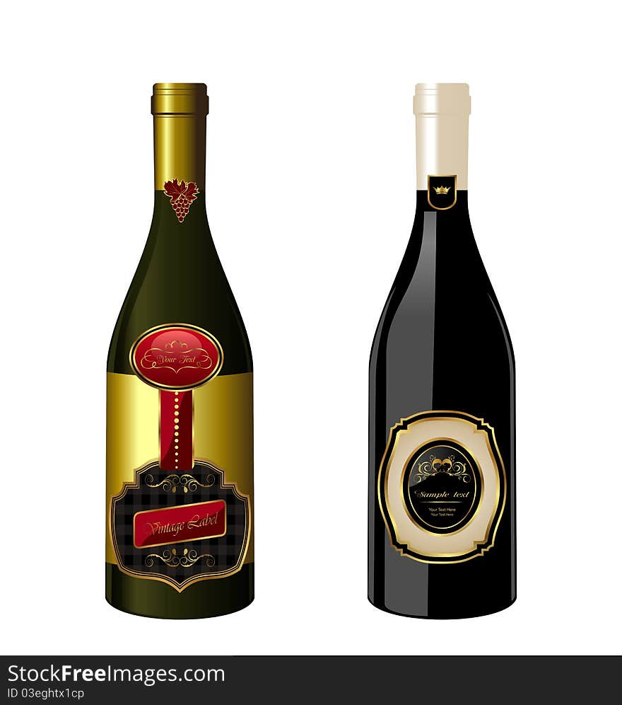 Illustration of set wine bottle with label isolated on white background - vector