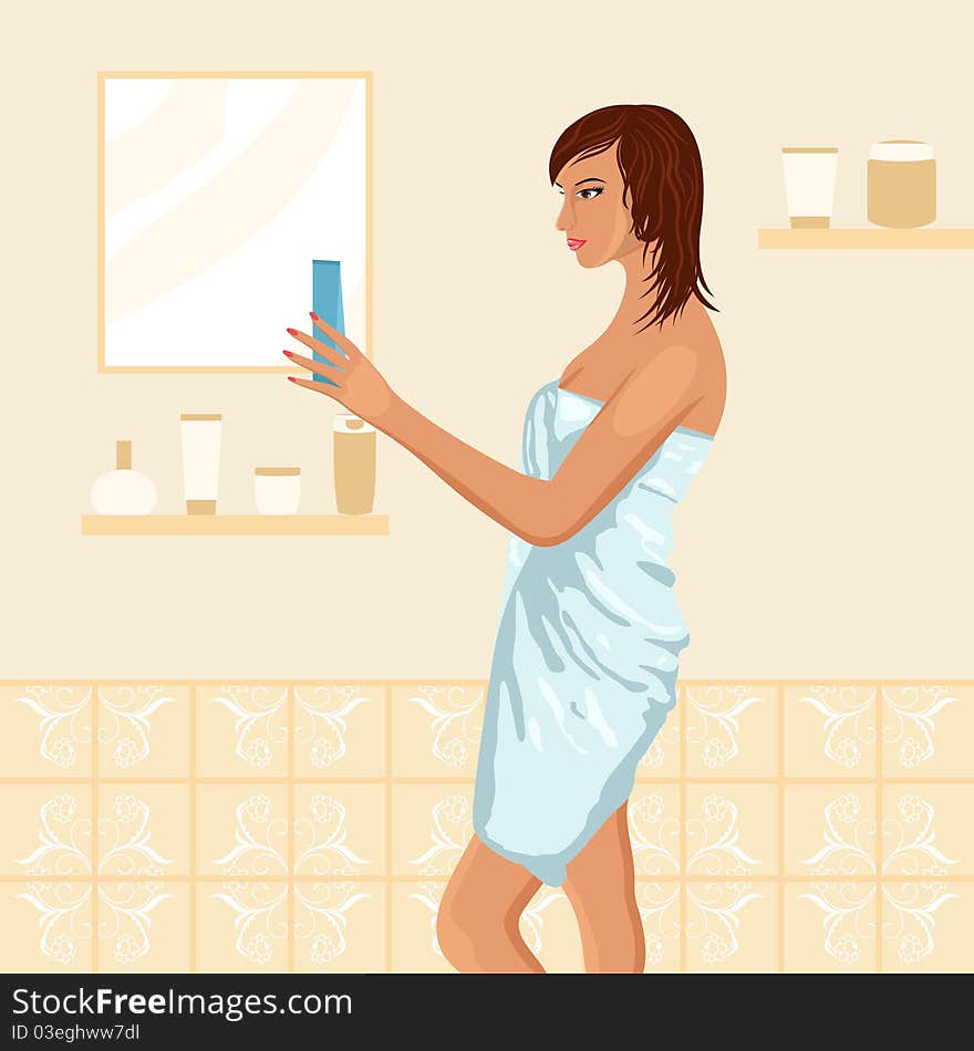 Illustration of pretty women in bathroom - vector