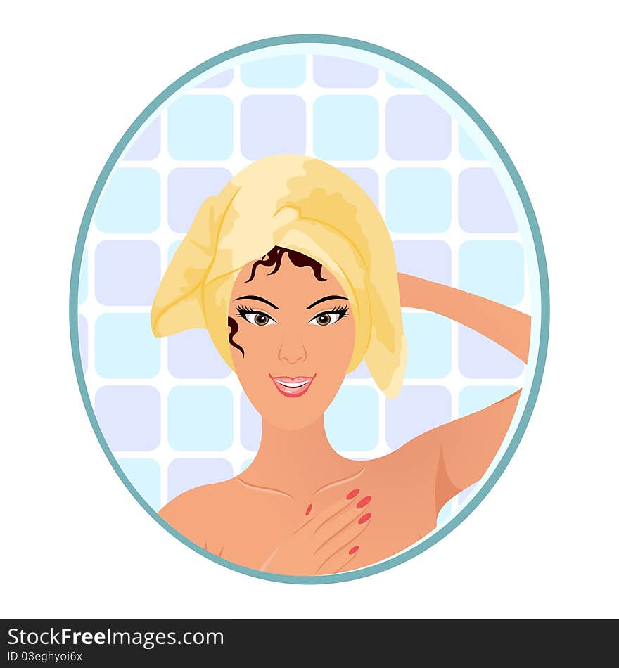 Illustration beautiful woman in mirror in bathroom - vector