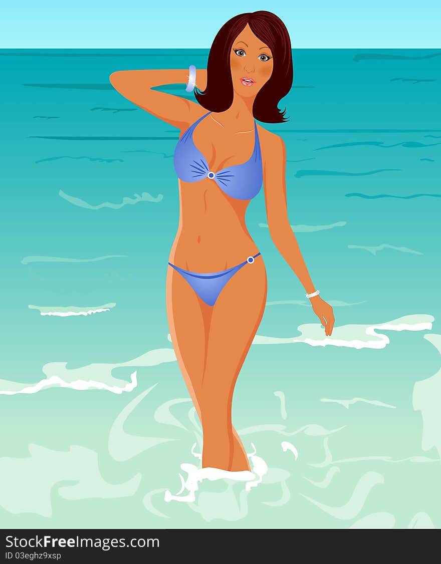 Illustration pretty suntanned girl on beach - vector