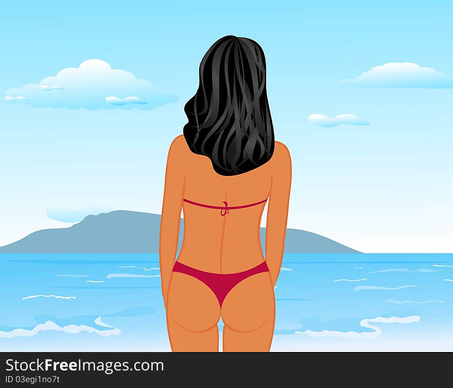 Illustration sexy woman's back on the beach - vector