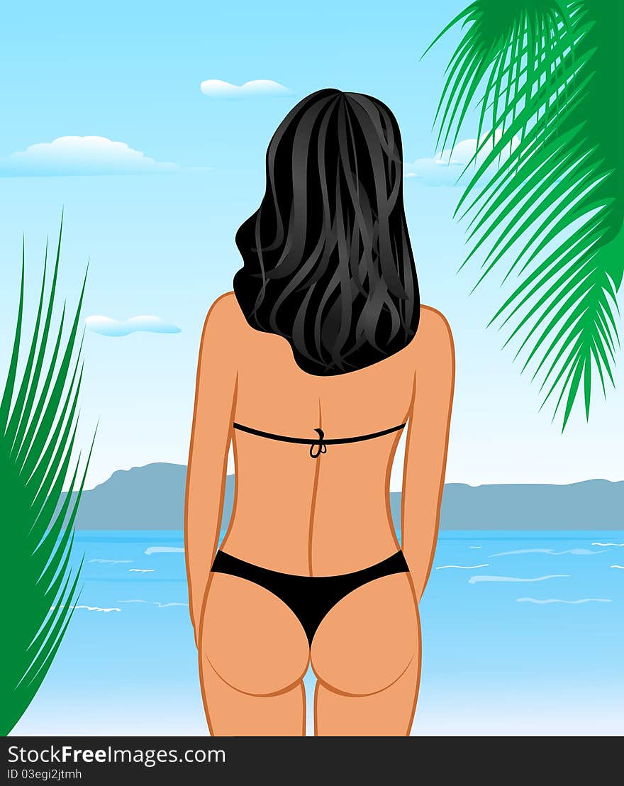 Illustration sexy woman's back on the beach - vector