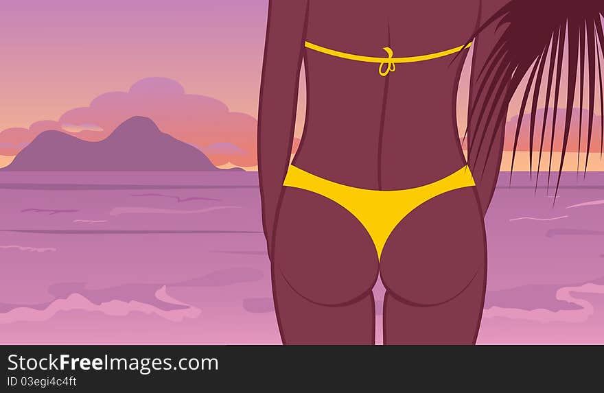 Illustration buttocks of young girl at sunset on beach - vector