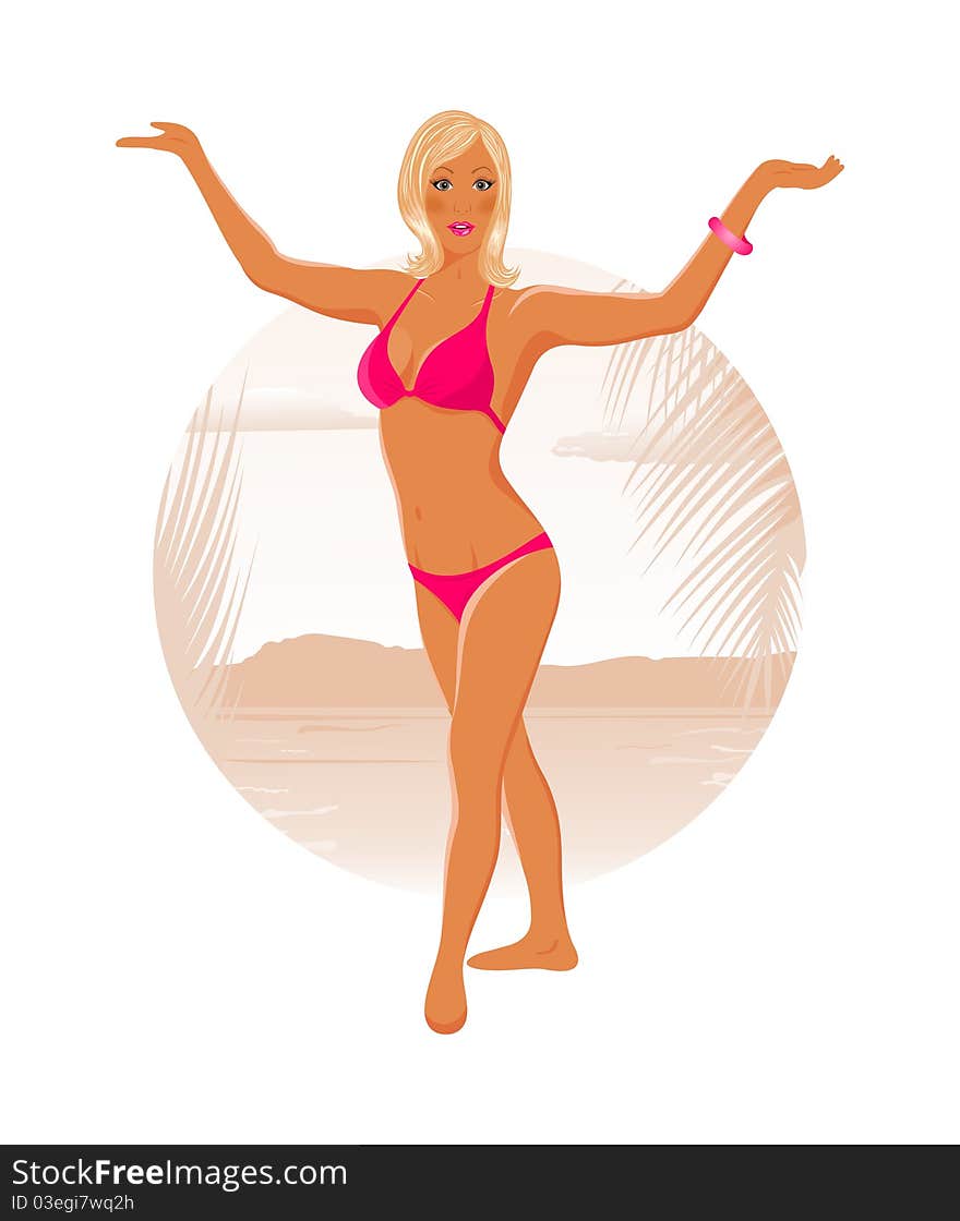 Illustration pretty blond girl on summer background - vector