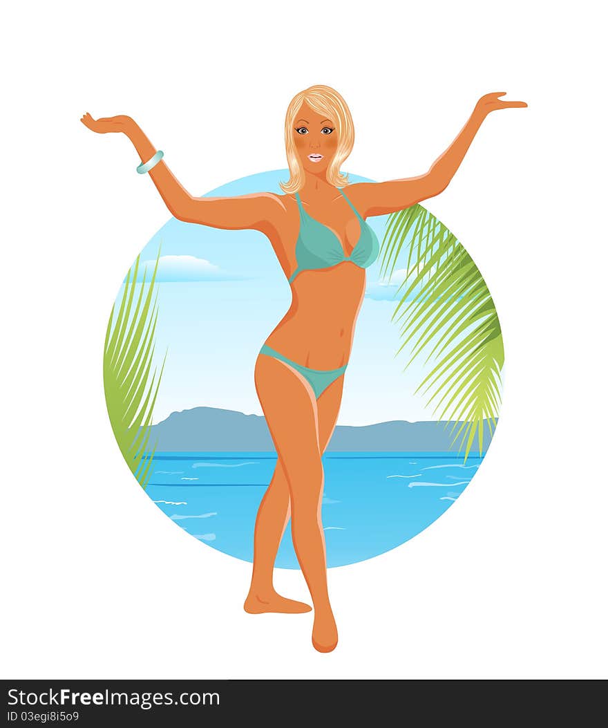 Illustration pretty blond girl on summer background - vector