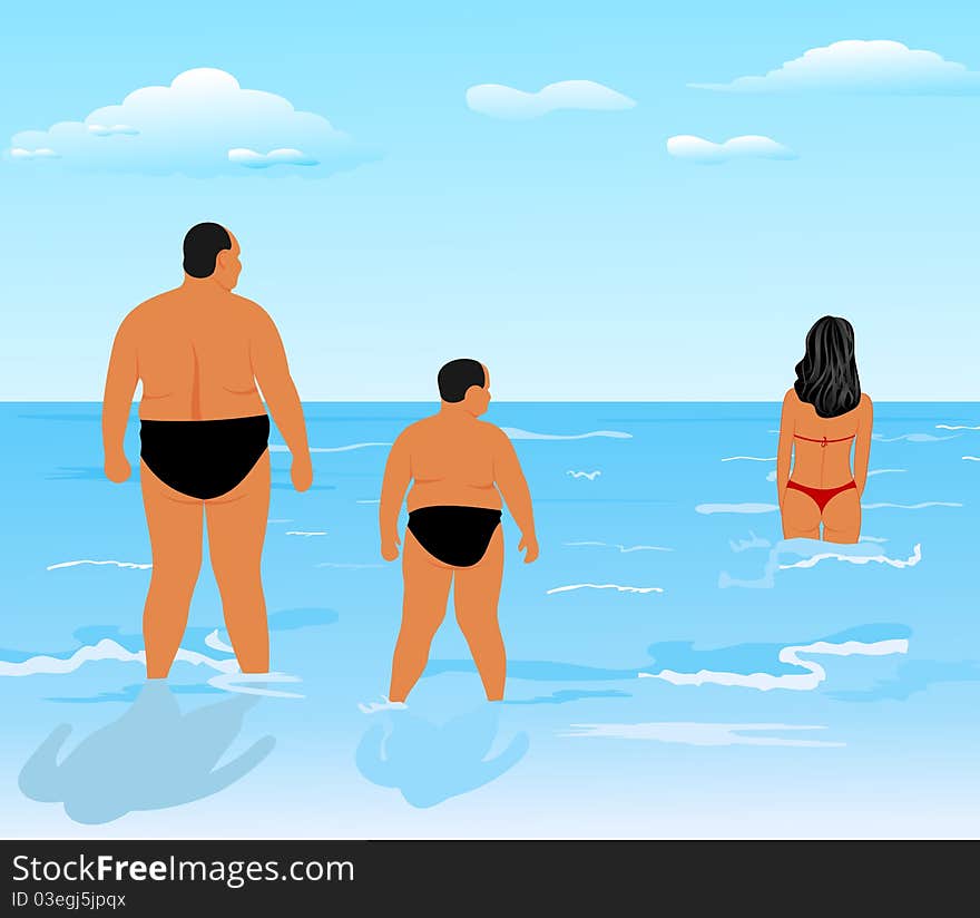 Illustration two thick men (father and son) look at beauty girl - vector. Illustration two thick men (father and son) look at beauty girl - vector