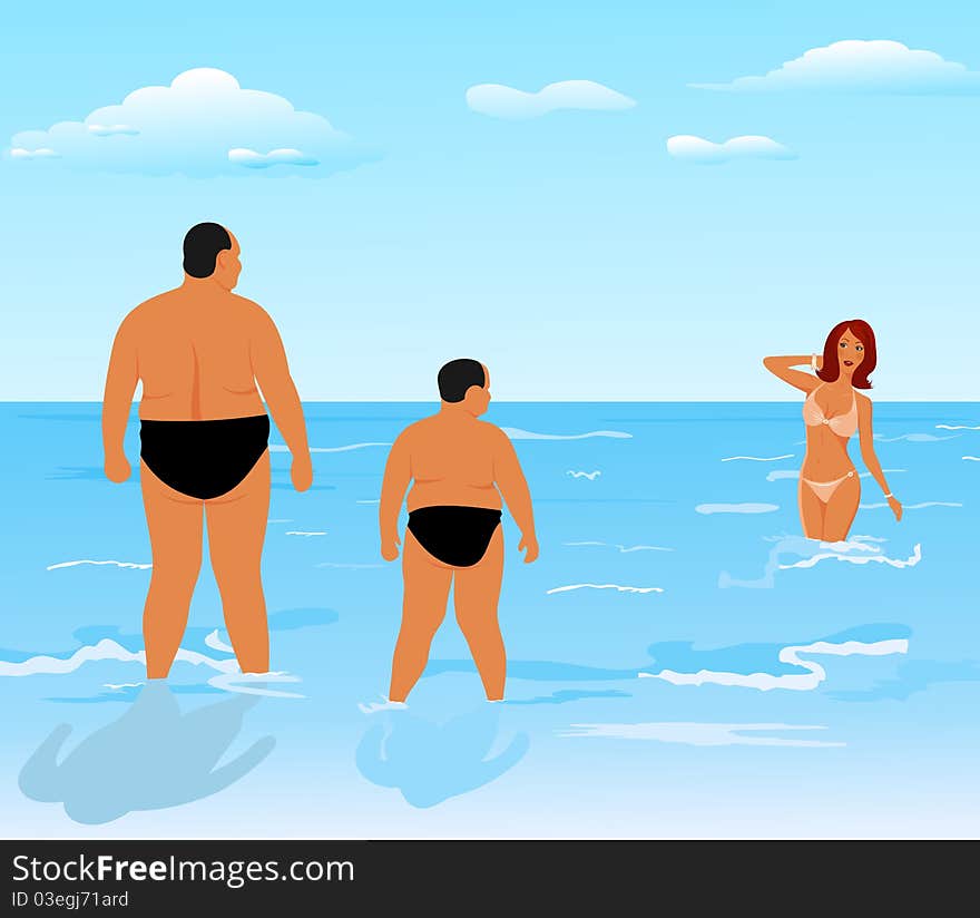 Illustration two thick men (father and son) look at beauty girl - vector