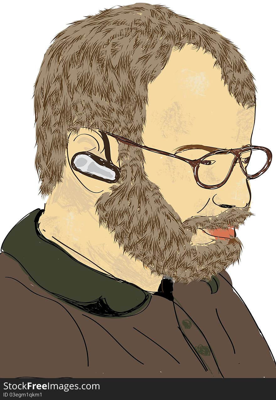 Bearded man facing right with glasses and ear piece. Head only. Bearded man facing right with glasses and ear piece. Head only.