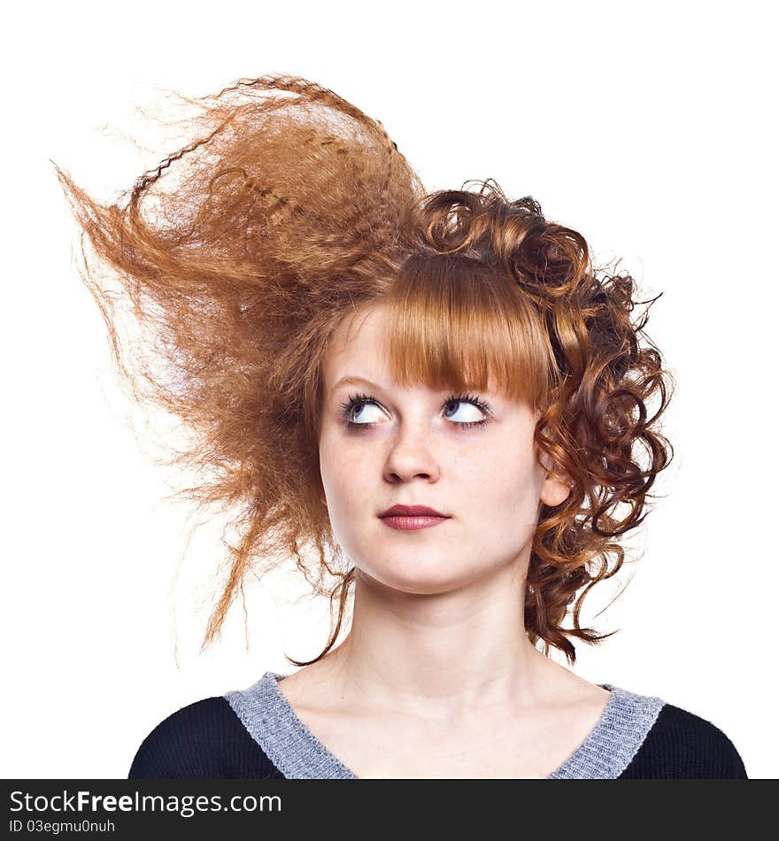 Portrait of the young woman on the isolated white background.Strange hairdress