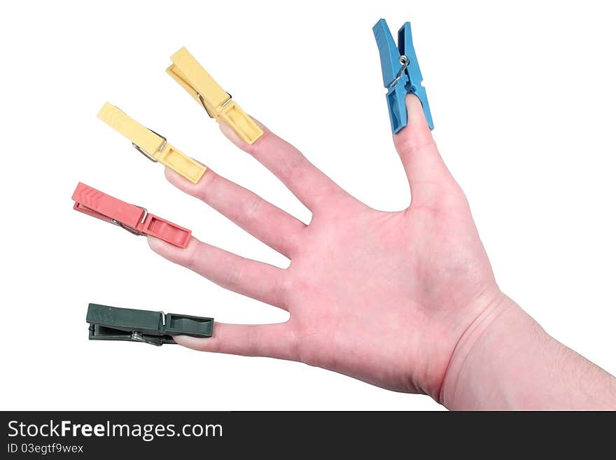 Hand with attached pin to every finger on a white background. Hand with attached pin to every finger on a white background