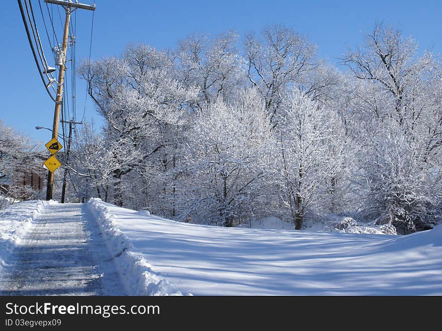 A winter scene in Massachusetts. A winter scene in Massachusetts