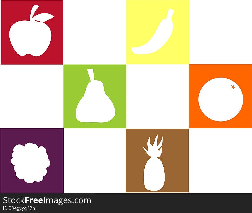 Silhouettes of fruits on a background of colored squares