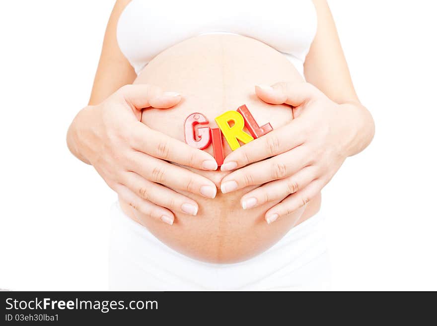 Pregnant woman hold in hand word girl isolated