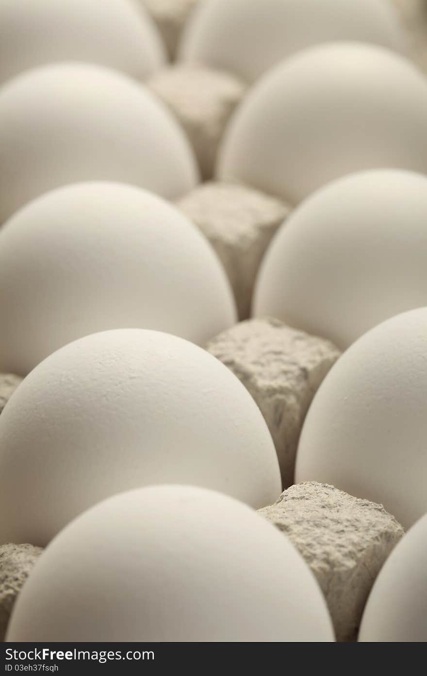 Tray of white eggs on white background