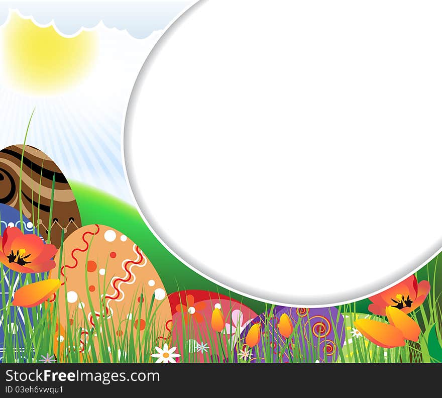 Huge colored eggs on the sunny meadow. Easter frame.