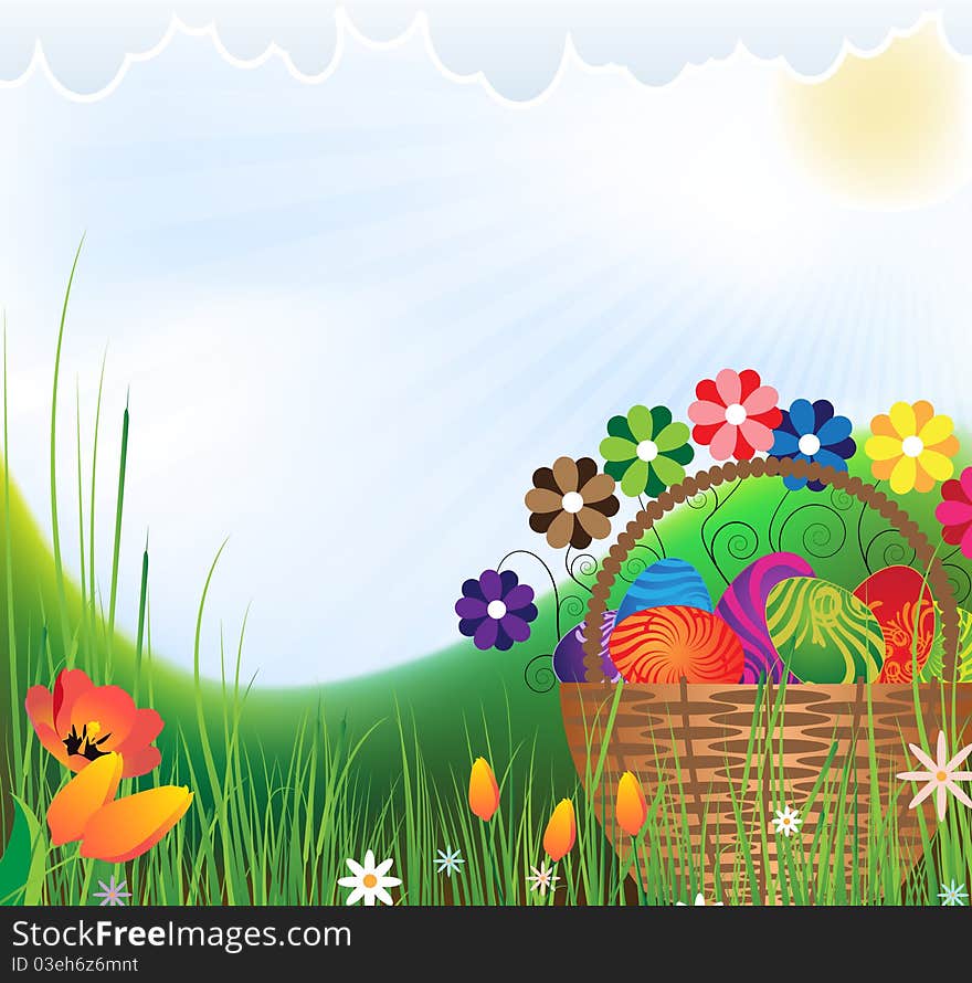 Basket with Easter eggs on flowering meadow. Basket with Easter eggs on flowering meadow