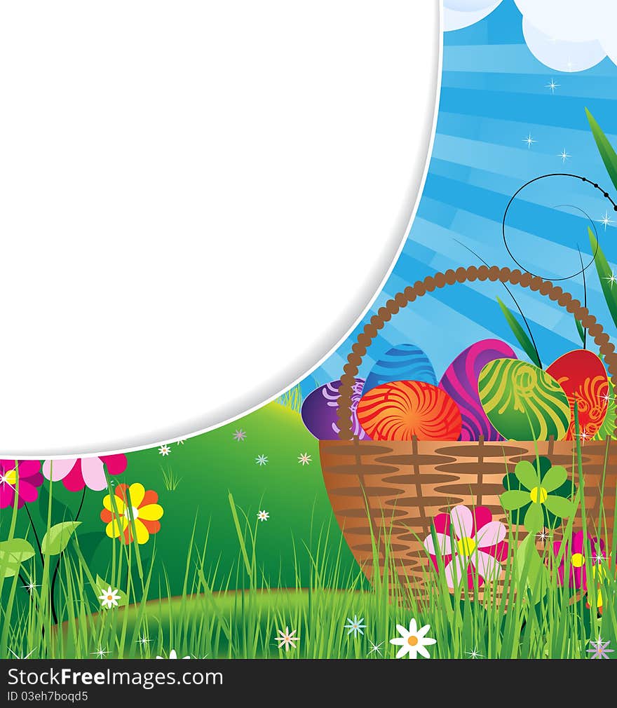 Basket filled with colorful eggs on the spring meadow. Basket filled with colorful eggs on the spring meadow