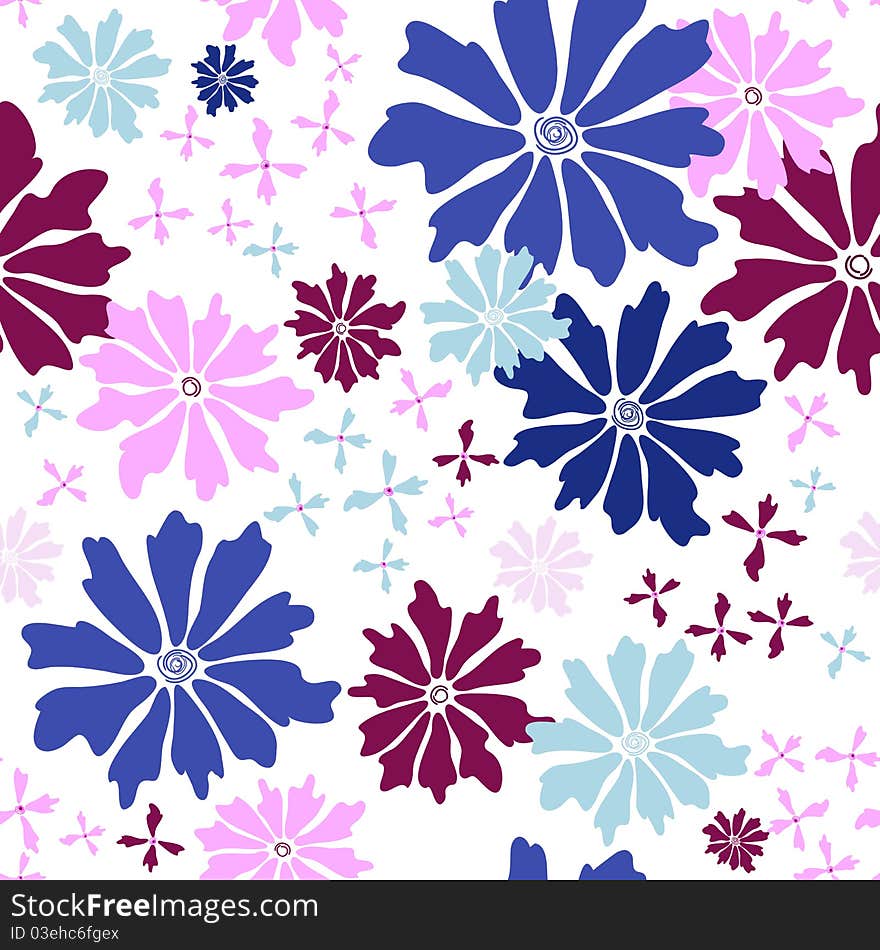 Floral seamless white pattern with blue and pink flowers