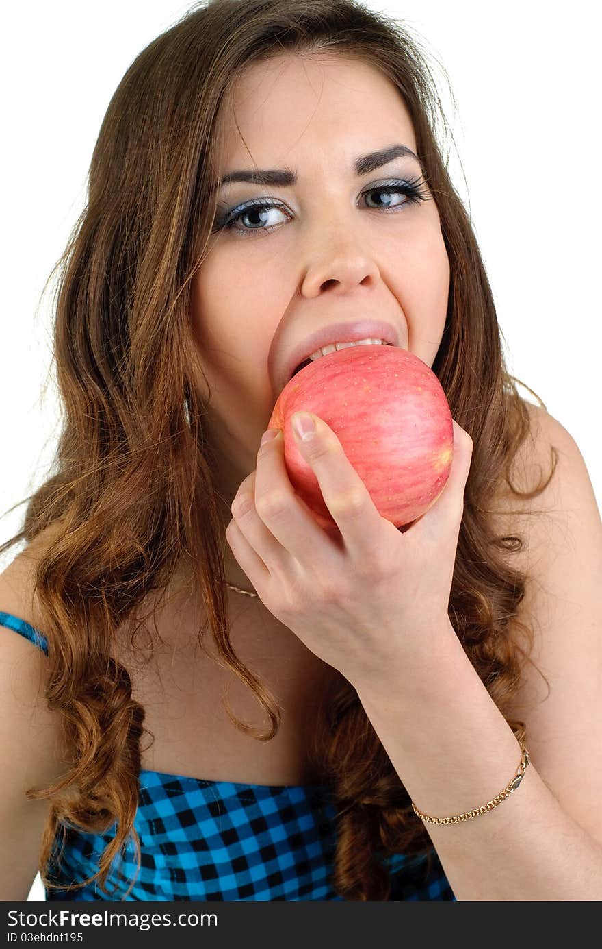 Young cute woman in blue dress with fresh fruit. Young cute woman in blue dress with fresh fruit